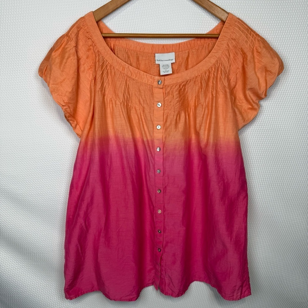 Soft Surroundings Orange and Pink Ombre Top Size Extra Large Cotton/Silk Blouse
